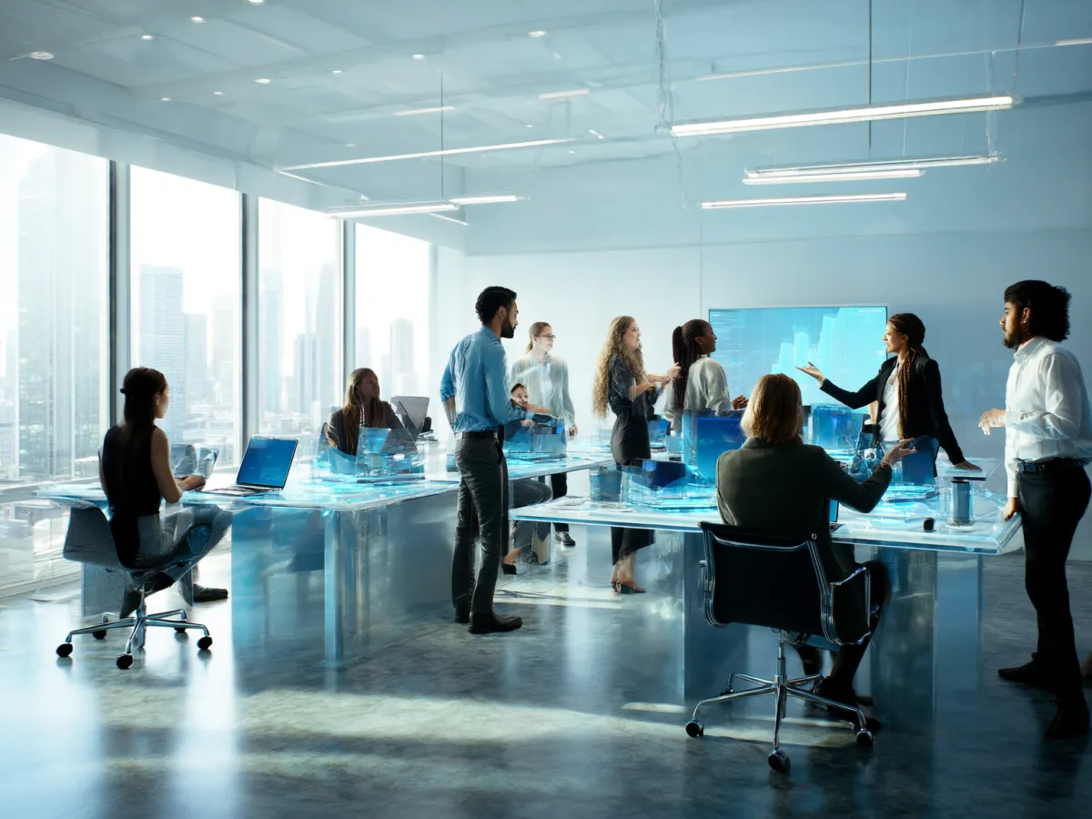 Equipe de consultores debatendo análise estratégica